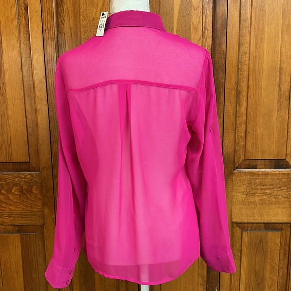 Express Portofino Sheer Fuschia Longsleeve Button Up Blouse Roll Tab NWT S - Picture 3 of 7